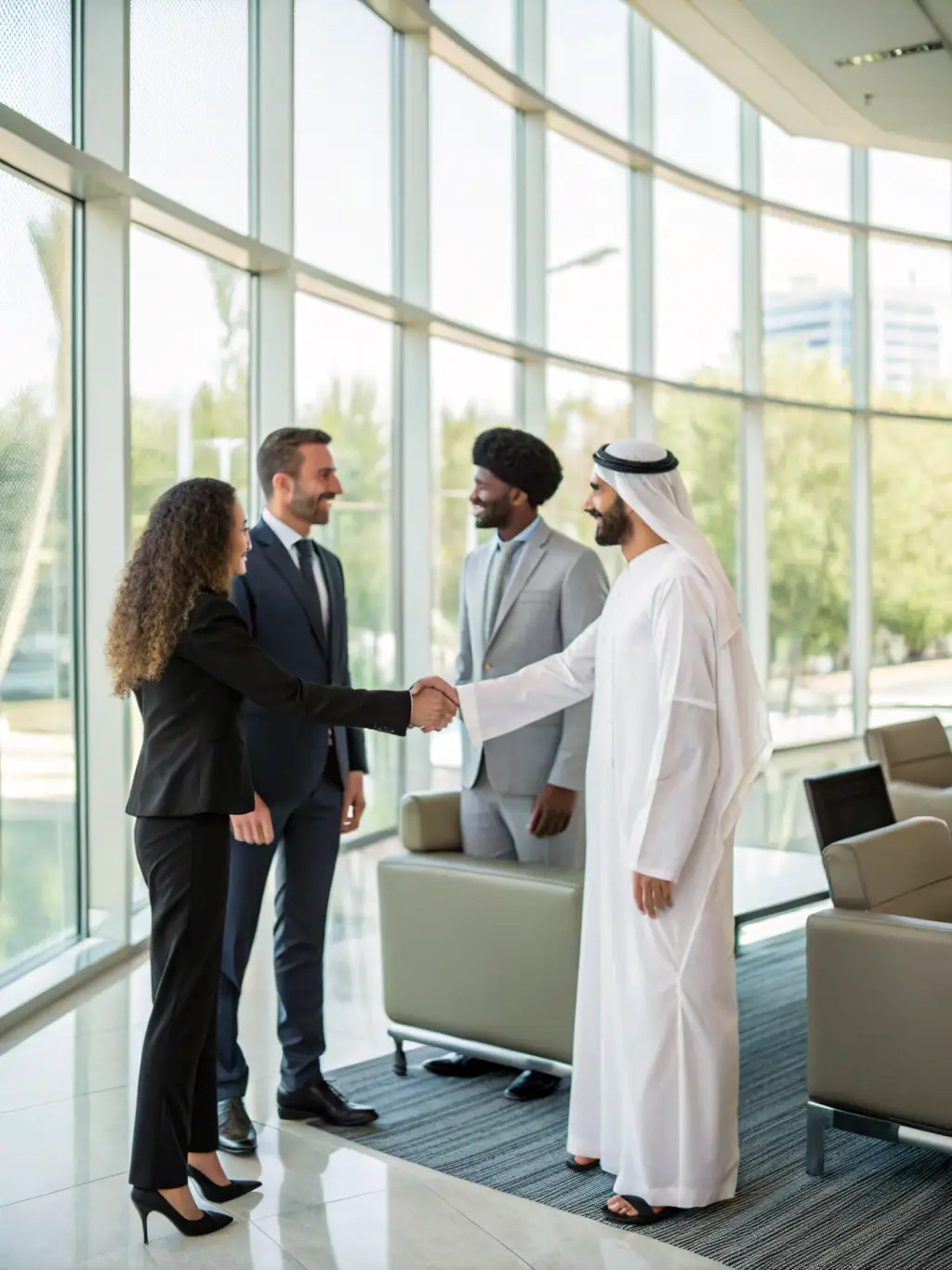 A group of diverse investors shaking hands with a startup founder, symbolizing successful funding acquisition.