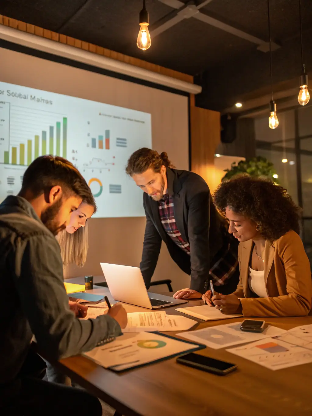 A mentor guiding a startup team through a strategic planning session, emphasizing collaborative problem-solving.