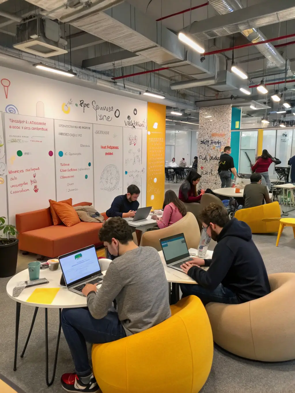 A modern office space with young entrepreneurs brainstorming ideas, representing innovation and startup culture.
